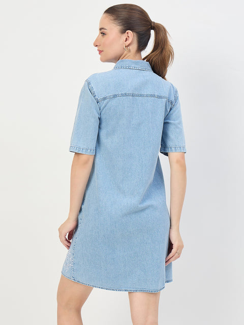 Madame Light Blue Cotton Tencel Embroidered Shirt Dress