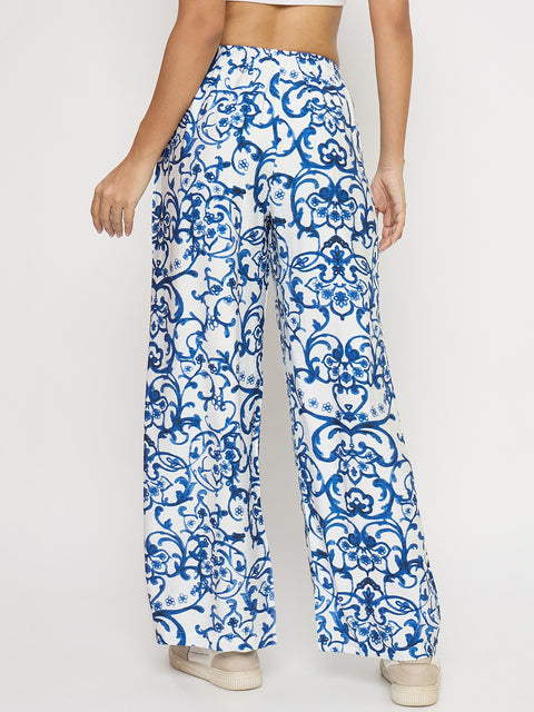 Madame Abstract Print Blue Rayon Palazzo Trousers