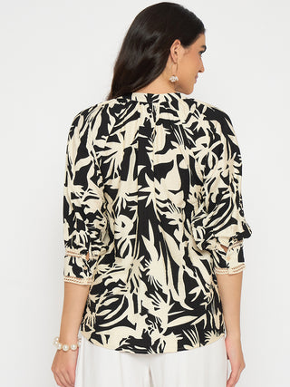 Madame Botanical Print Black Rayon Blend Top