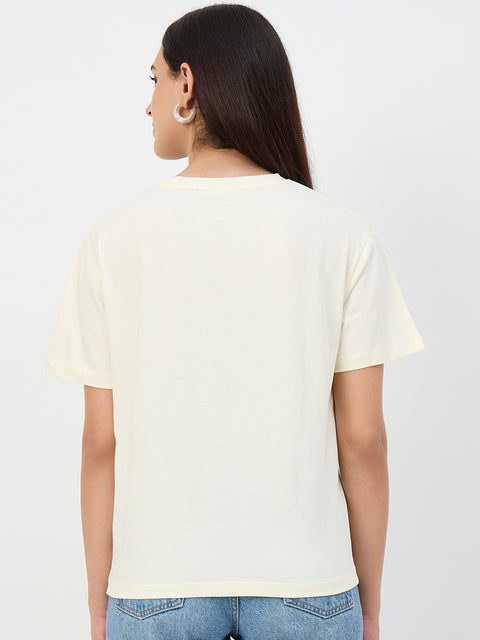 Madame Beige Crew Neck Printed Cotton T-Shirt