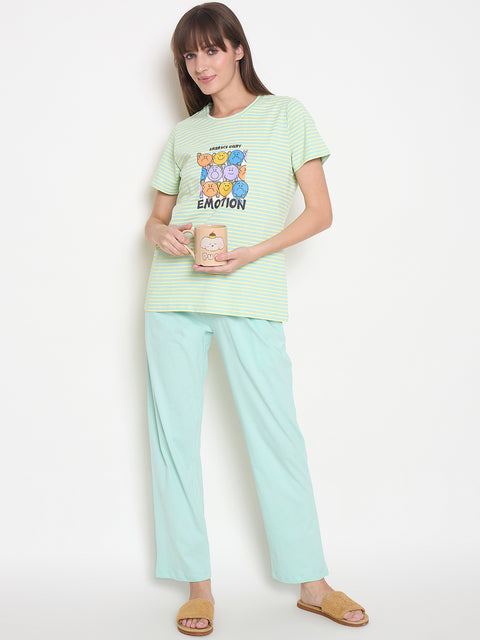 mSECRET Printed Top, Shorts and Bottoms Mint Green Night Suit