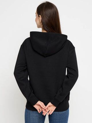 Madame Typograpy Print Hooded Cotton Blend Black Sweatshirt