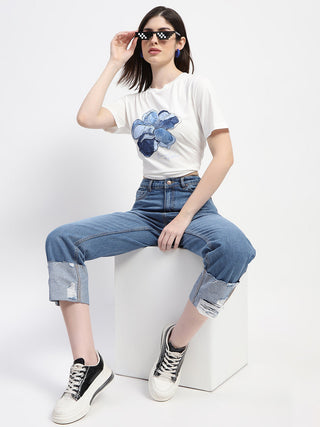 Madame Graphic Print Crew Necked White Cotton T-Shirt