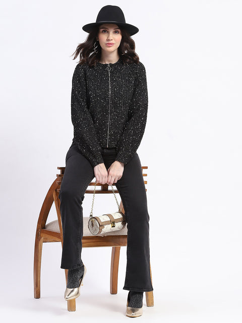 Madame Speckled Zip Up Black Acrylic Sweater