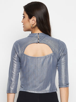 Madame Shimmering Asymmetrical Seam Detail Grey Top