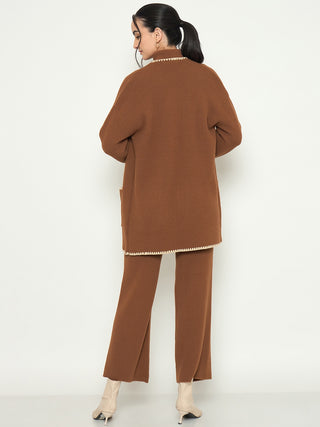 Madame Three Piece Solid Brown Knit Co-ord Set
