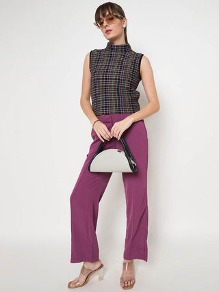 Madame Multicolored Chequered Tweed Black Funnel Neck Top