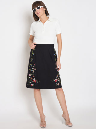 Madame Floral Embroidered Black Cotton Mini Skirt