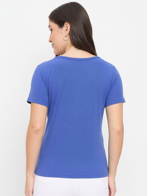 Madame Blue V-Neck T-Shirt with Button Placket