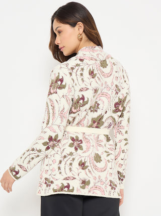 Madame Printed Beige Shrug with Belt