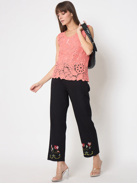 Madame Floral Embroidery Wide Leg Black Cotton Trousers