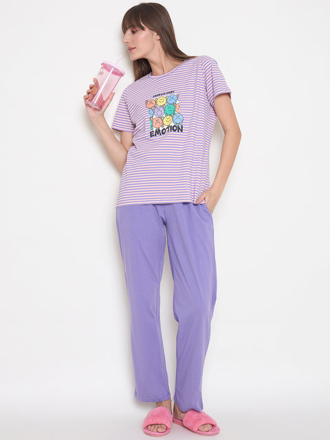 mSECRET Printed Top, Shorts and Bottoms Purple Night Suit