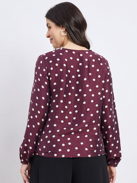 Madame Wine Polka Dot Print Ruffle Collar Top