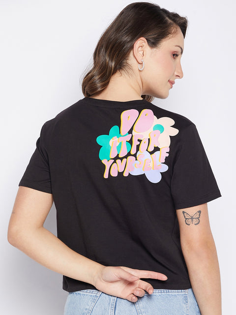 Madame Black Typography Round Neck Top
