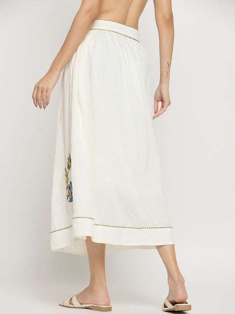 Madame Off White Viscose Blend Embroidered Skirt
