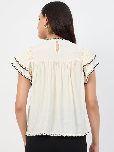 Madame Off-White Scallop-Trim Viscose Gather Top