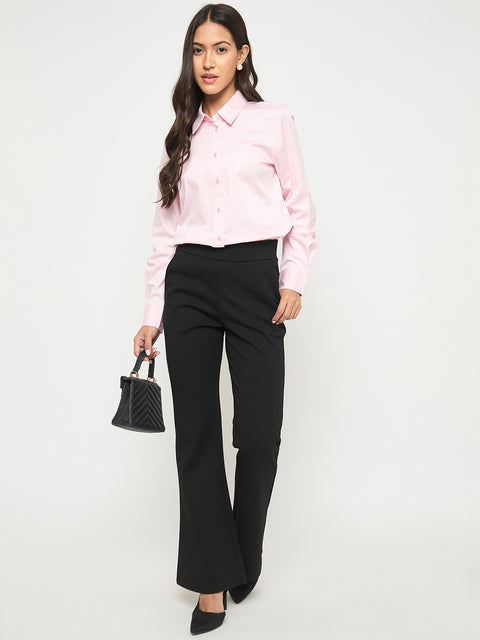 Madame Buttoned Front Solid Cotton Blend Baby Pink Shirt