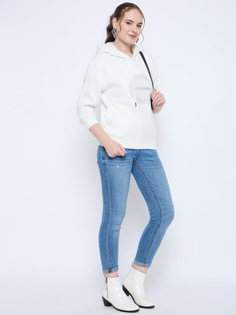 Madame Graphic Print Loose Fit White Hooded Sweatshirt
