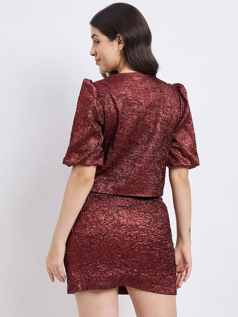 Madame Textured Maroon Puff Sleeve Top