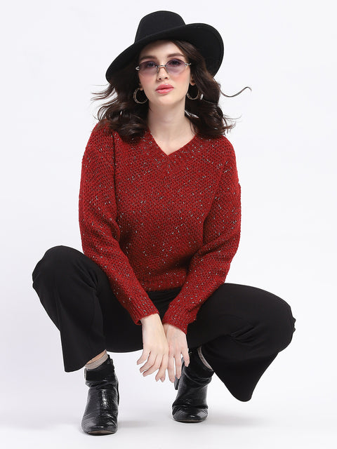 Madame Shimmery V Neck Relaxed Fit Wine Sweater