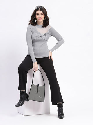 Madame Shimmery Mock Neck Wrap Grey Sweater