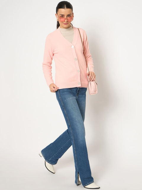 Madame V Neck Solid Peach Cardigan