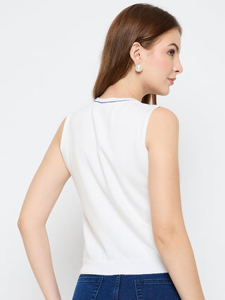 Madame Contrast Trim Sleeveless Blue Knitted Top