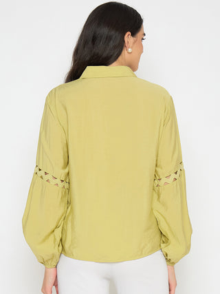 Madame Puff Sleeve Pear Green Rayon Blend Shirt