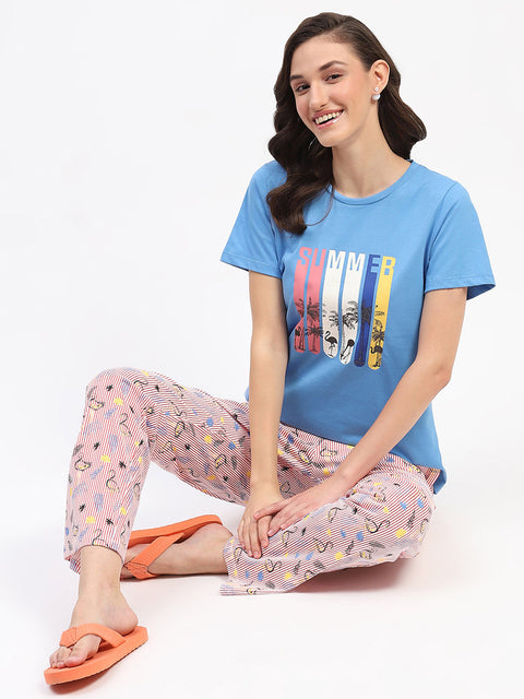 mSECRET Blue Cotton T-Shirt and Printed Pajama Nightsuit