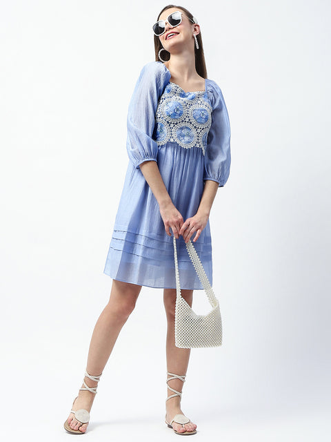 Madame Printed Powder Blue Tencel Blend Crochet Midi Dress