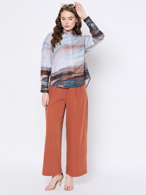Madame Abstract Print Button Down Sky Blue Shirt Collar Shirt