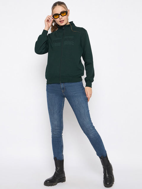 Madame Fleece Embroidery Detailed Turtleneck Bottle Green Sweatshirt