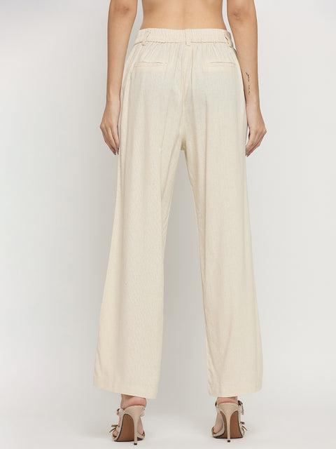 Madame Beige Rayon Linen Straight Fit Ankle Trousers