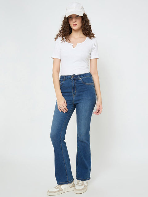 Madame Cotton Blend Stone Wash Mid Blue Flared Jeans