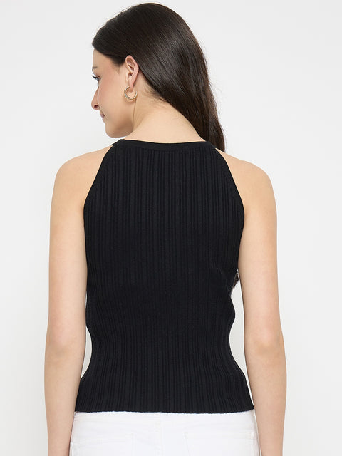 Madame Black Viscose Blend Halter Neck Knitted Top