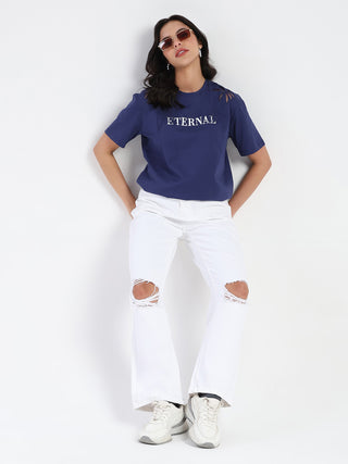 Madame Printed Embroidery Cutwork Navy Blue Crop T-shirt