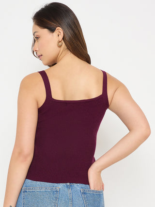 Madame Camisole Neck Wine Knit Crop Top