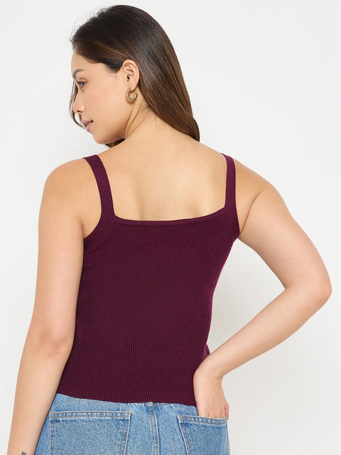 Madame Camisole Neck Wine Knit Crop Top