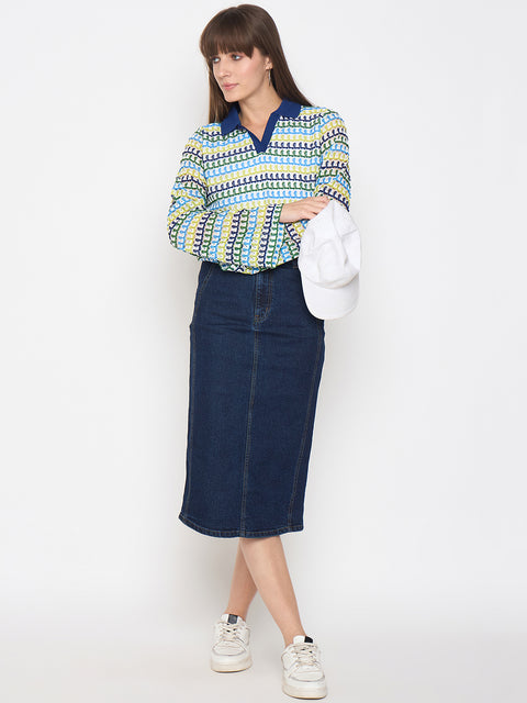 Madame Seam Detailed Dark Blue Denim Midi Skirt