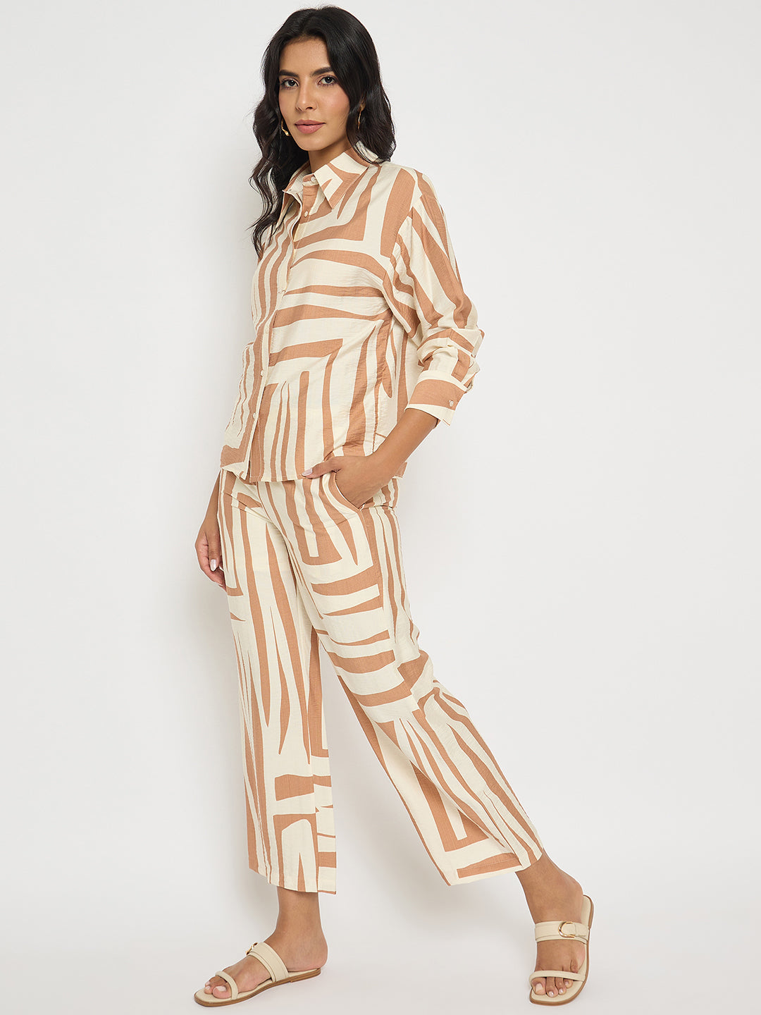 Madame Colorblock Top and Bottoms Rayon Blend Tan Brown Co-ord Set color swatch