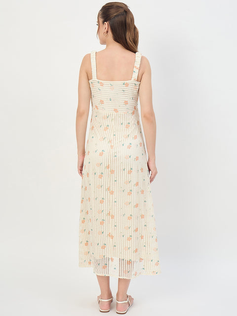 Madame Beige Printed Sleeveless Midi Dress