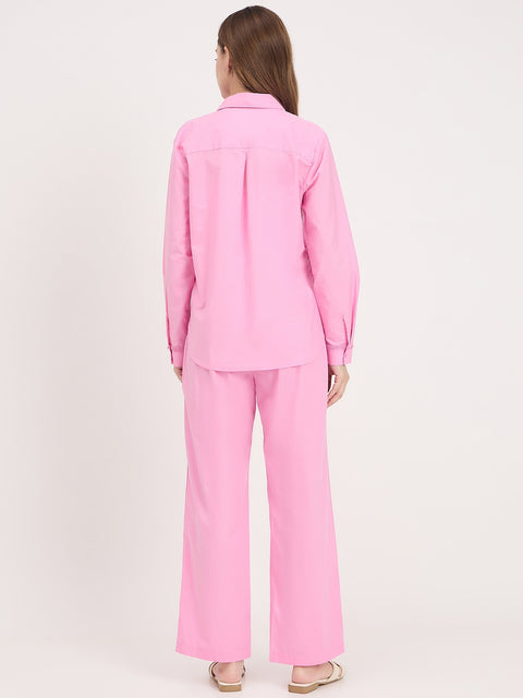 Madame Pink Cotton Round Neck Co-ord Set Top