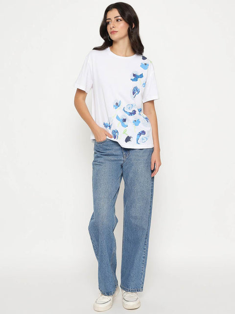 Madame Abstract Print Half Sleeve White Cotton T-shirt
