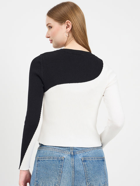 Madame Designer Colorblock Details Black Knit Top