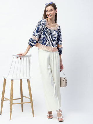 Madame Botanical Print Cotton Blend Navy Blue Top