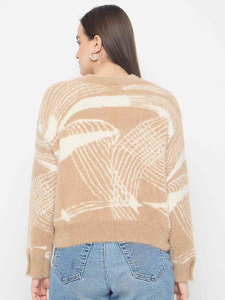 Madame Abstract Print Button Up Camel Brown Sweater