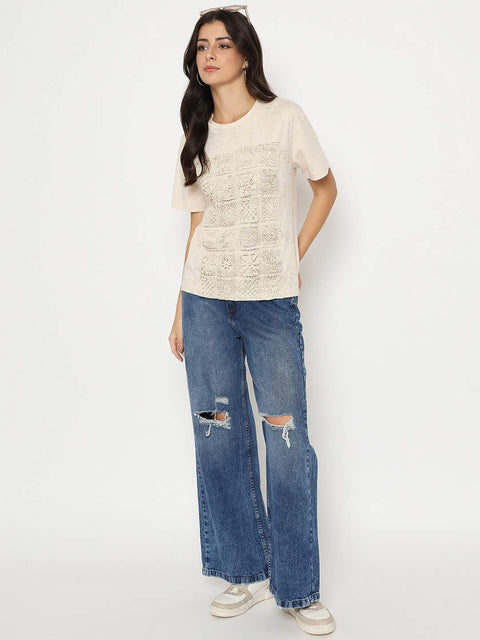 Madame Dori Embroidery Cotton Blend Beige T-shirt