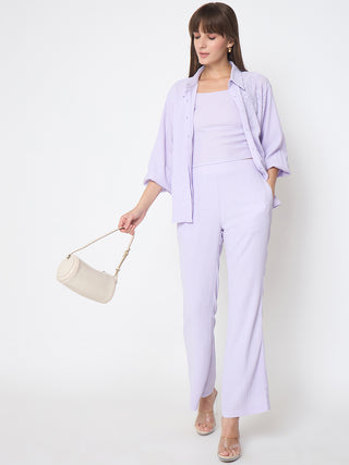 Madame Embroidered Shirt with Crop Tank and Wide-Leg Pants Three Piece Lilac Co-ord Set