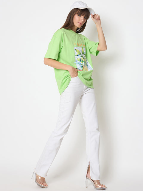 Madame Botanical Print Short Sleeve Green Cotton Blend T-shirt