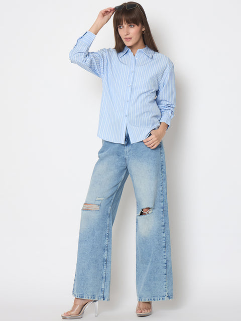 Madame Striped Cuff Sleeve with Shirt Collar Blue Shirt